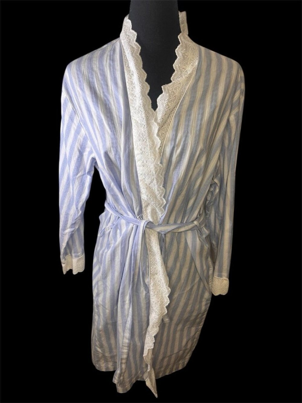 Eileen West Cotton Blue White Stripe Short Wrap Kimono Robe Sz S Victorian Coque